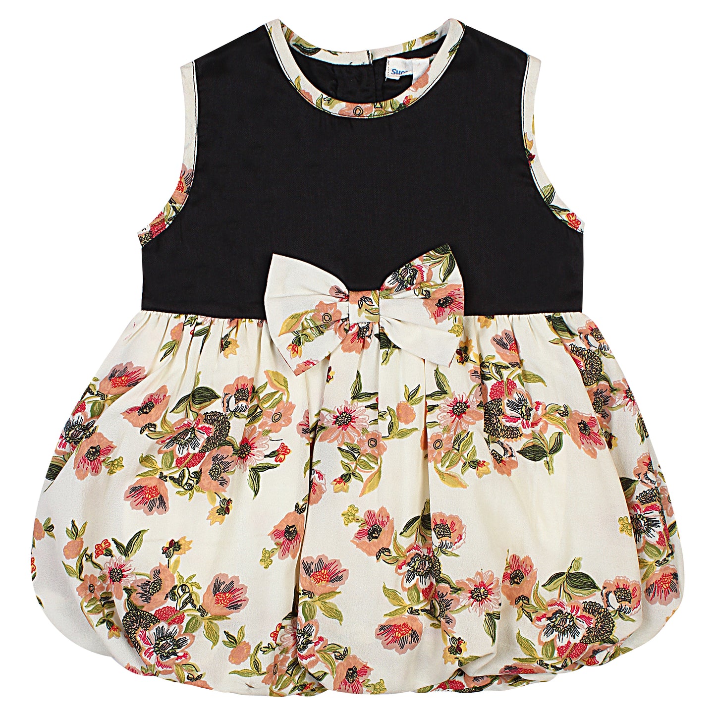 SHOPPERTREE Rayon & Polyester Floral Balloon Dress for Girls – Black & Cream