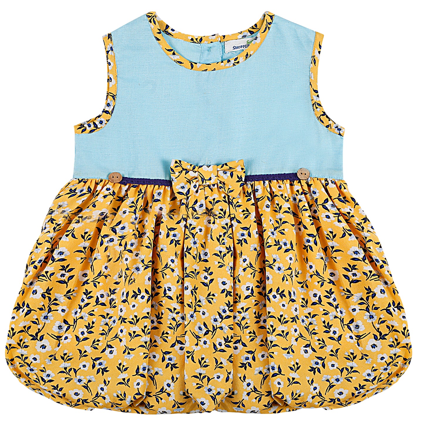 SHOPPERTREE Polyester Floral Balloon Dress for Girls – Yellow & Sky Blue
