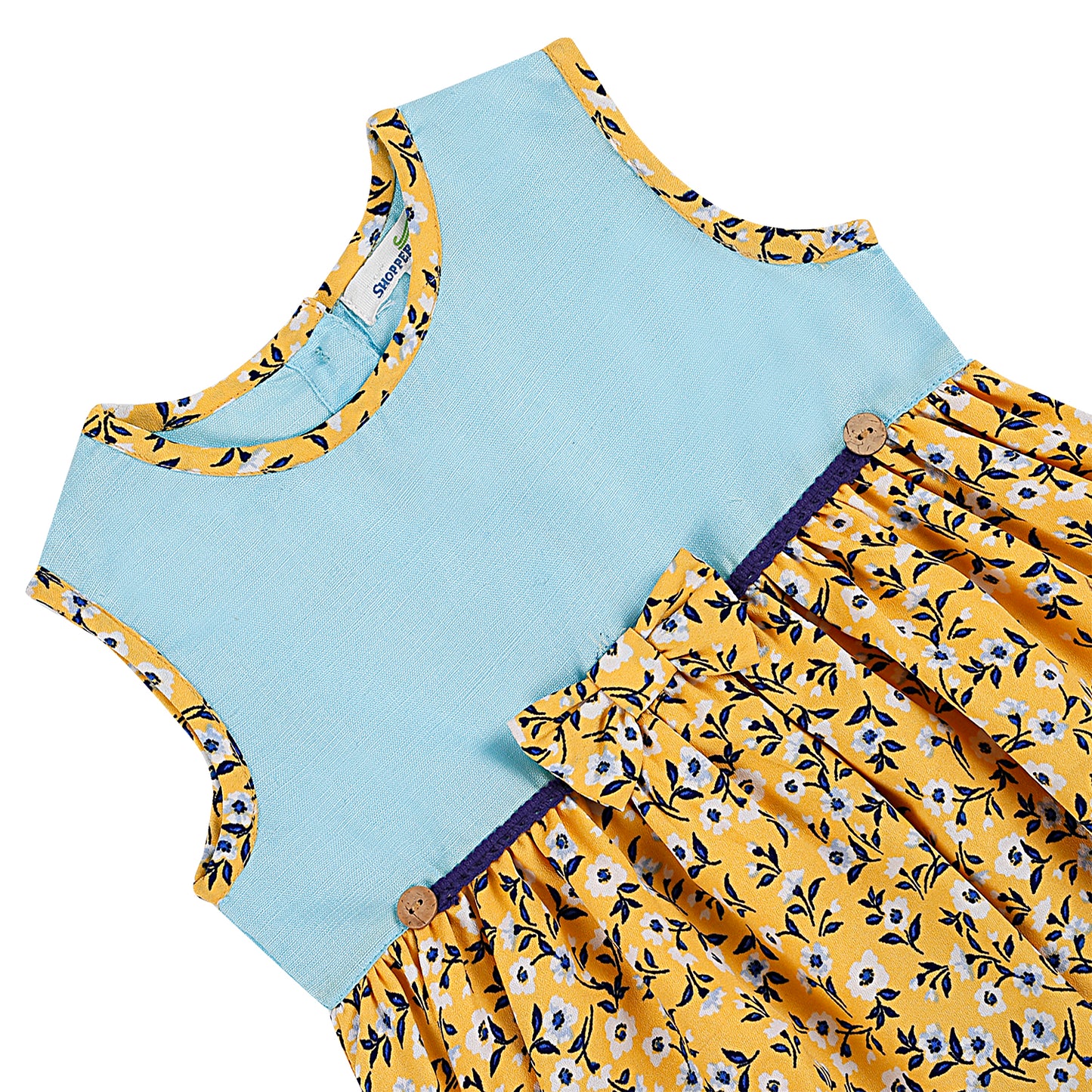 SHOPPERTREE Polyester Floral Balloon Dress for Girls – Yellow & Sky Blue