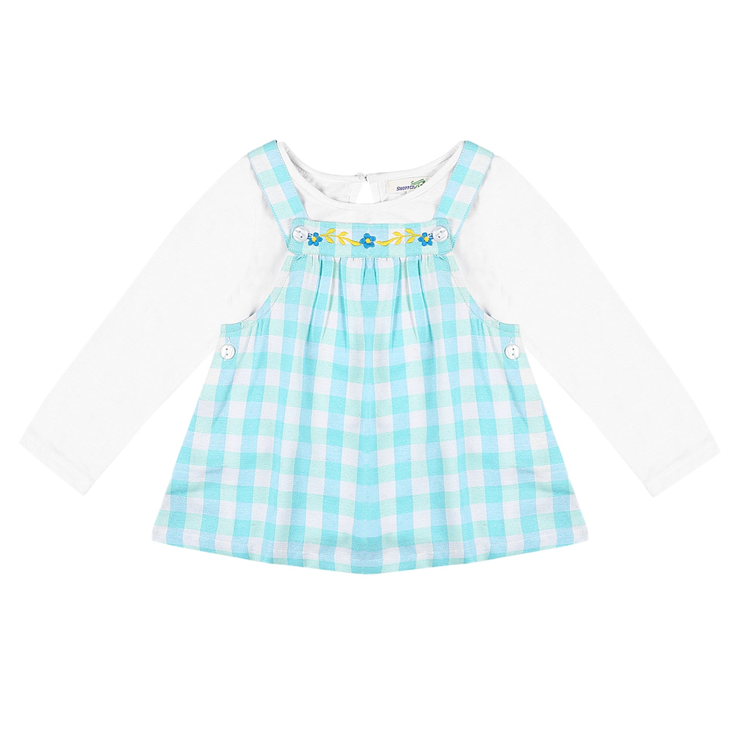 Shoppertree Sea Green Checkered Dungaree with Full-Sleeve T-shirt
