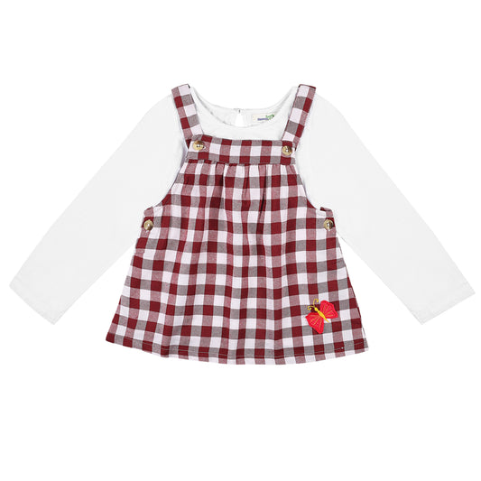 Shoppertree Maroon Checkered Dungaree with Full-Sleeve T-shirt