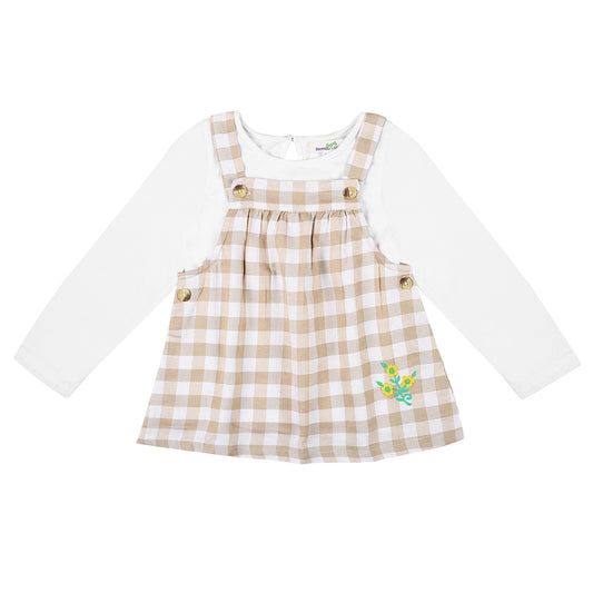 Shoppertree Light Brown Checkered Dungaree with Full-Sleeve T-shirt