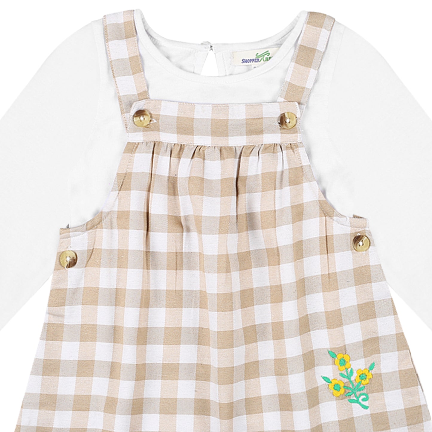 Shoppertree Light Brown Checkered Dungaree with Full-Sleeve T-shirt