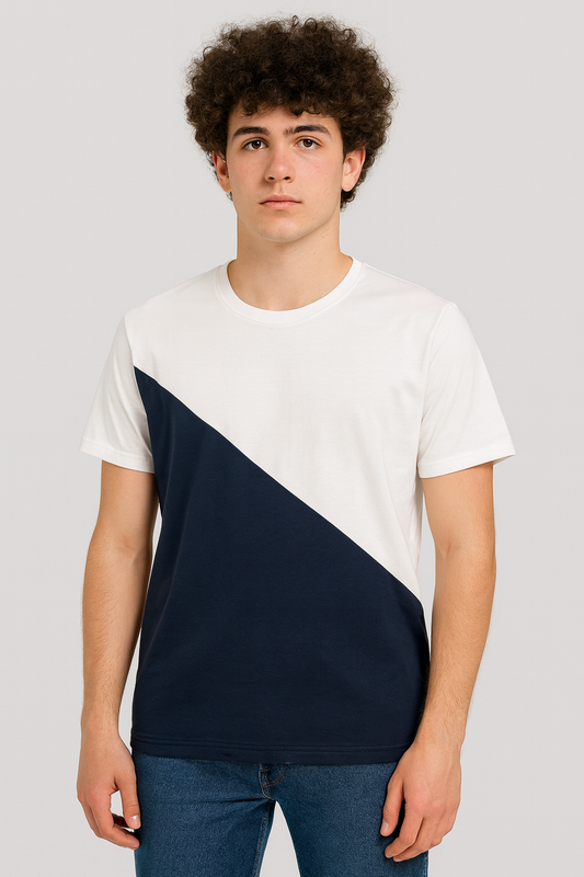 White & Navy Cotton Round-Neck T-shirt