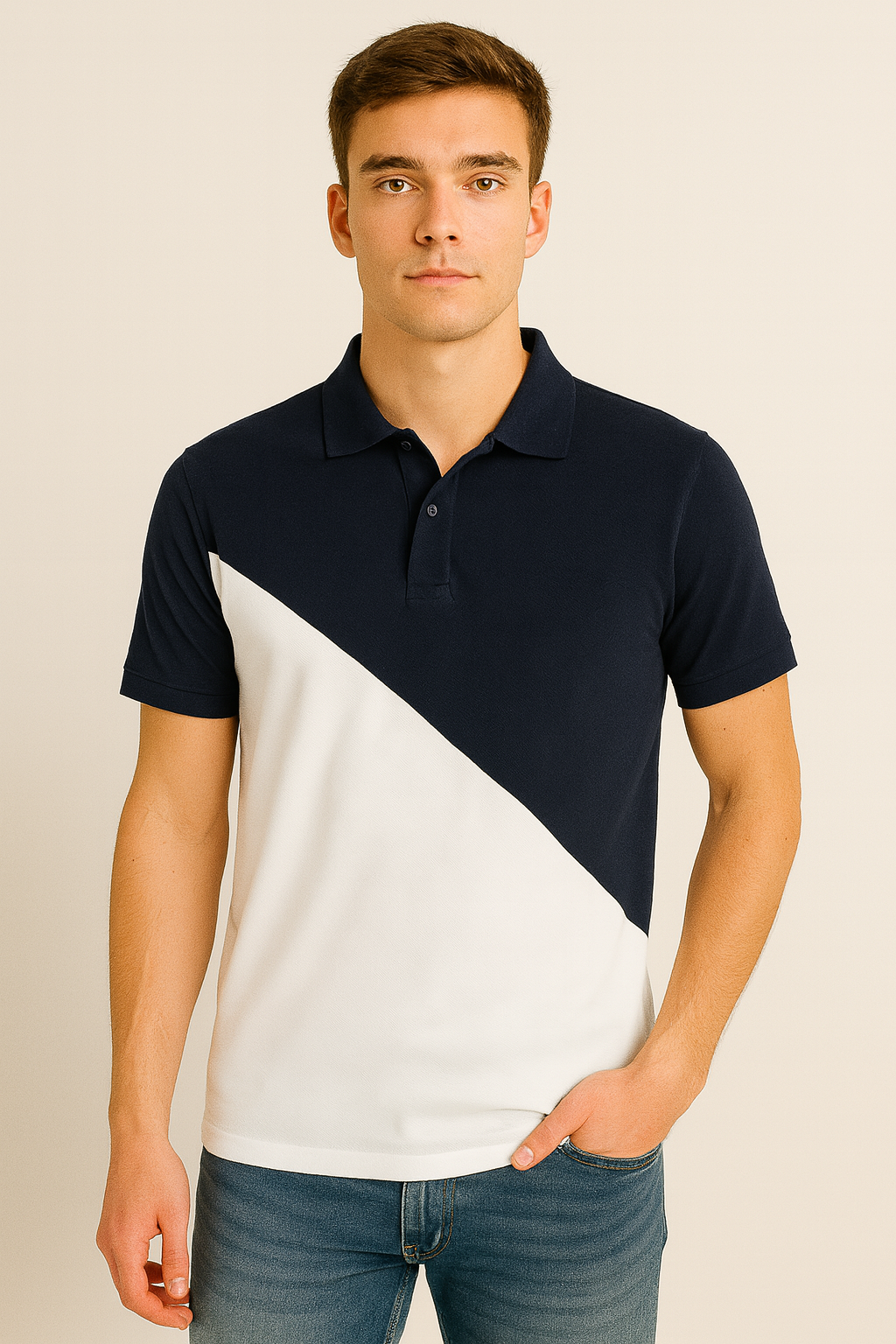 Cotton Matty Polo T-shirt- Navy Blue & White