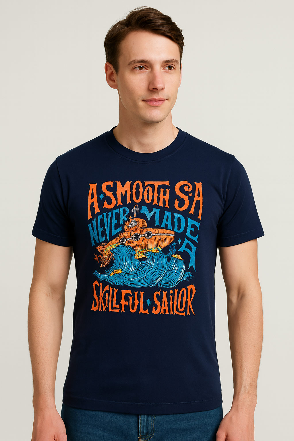 Navy cotton matty printed Round Neck T-shirt