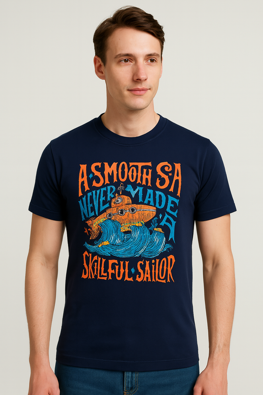 Navy cotton matty printed Round Neck T-shirt