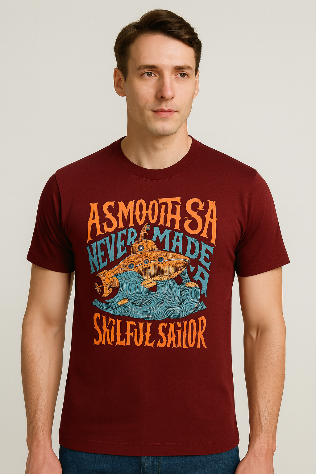 Maroon cotton matty printed Round Neck T-shirt