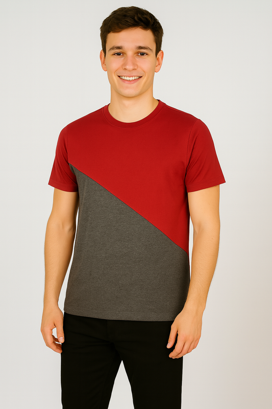 Maroon & Grey Cotton Round-Neck T-shirt