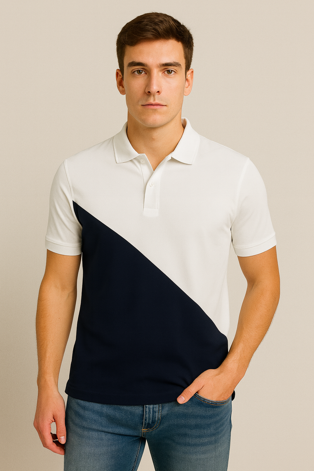 Cotton Matty Polo T-Shirt- White & Navy