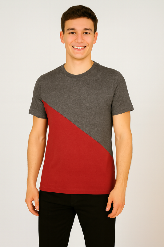 Grey & Maroon Cotton Round-Neck T-shirt