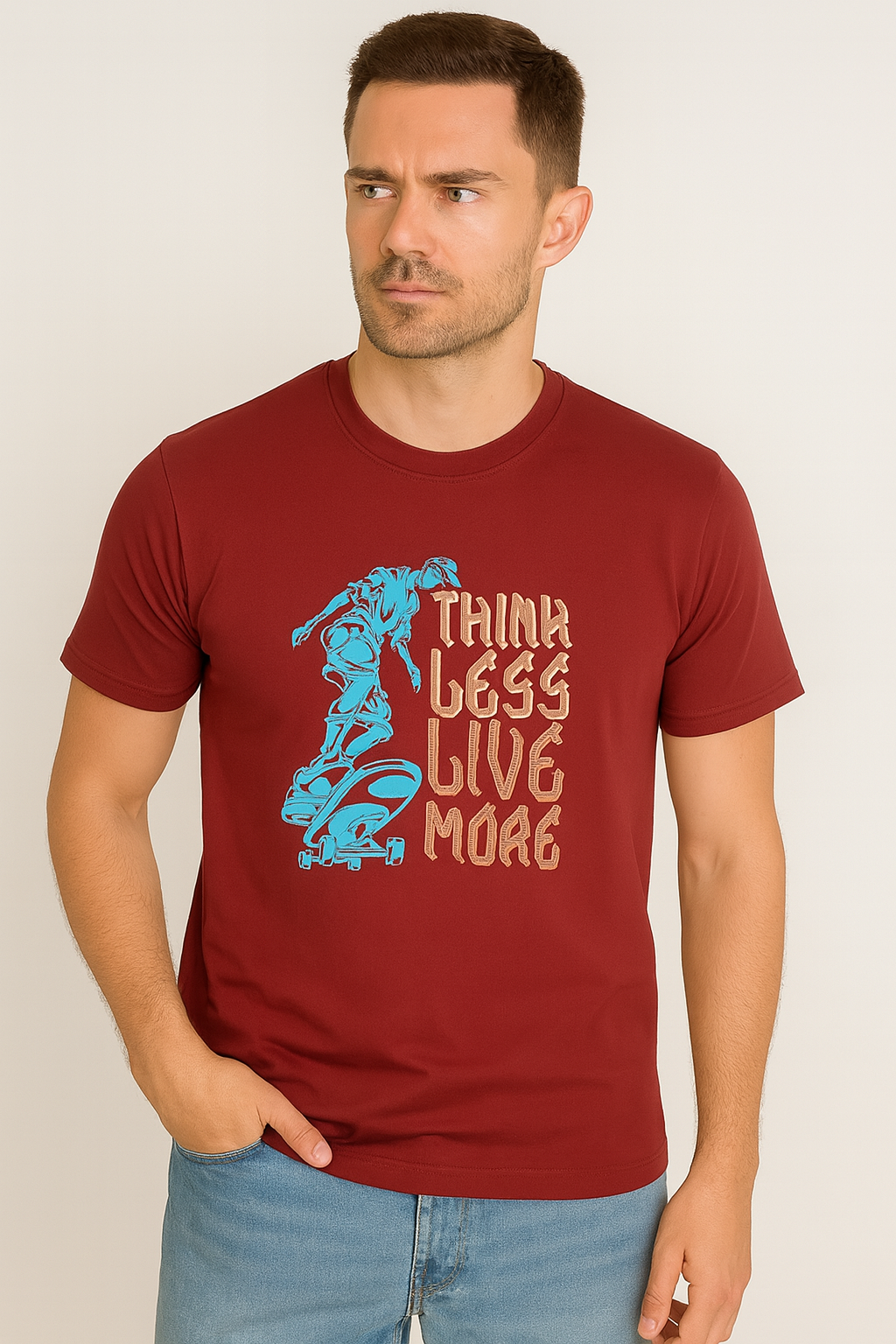 Maroon cotton hosiery printed Round Neck T-shirt
