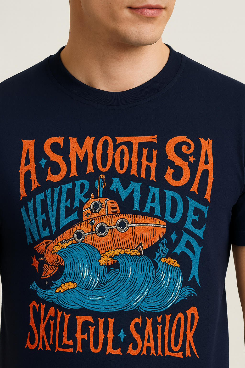 Navy cotton matty printed Round Neck T-shirt
