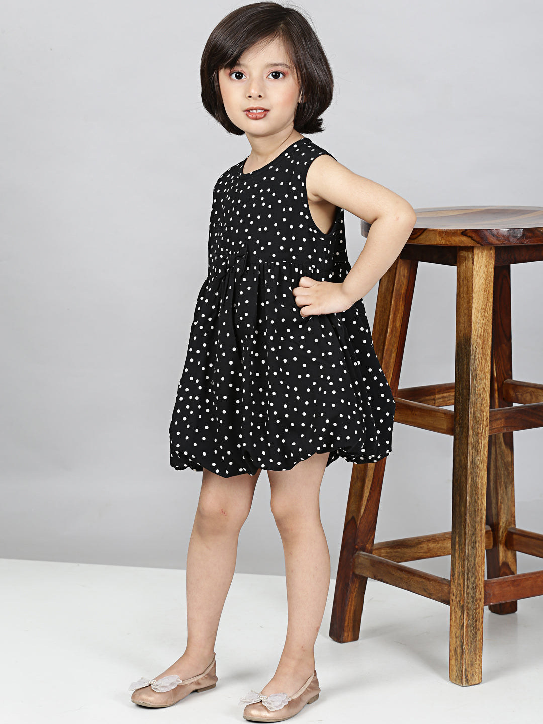 Stylish Polka Printed Dress- Black