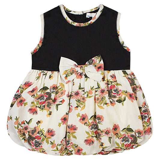 SHOPPERTREE Rayon & Polyester Floral Balloon Dress for Girls – Black & Cream