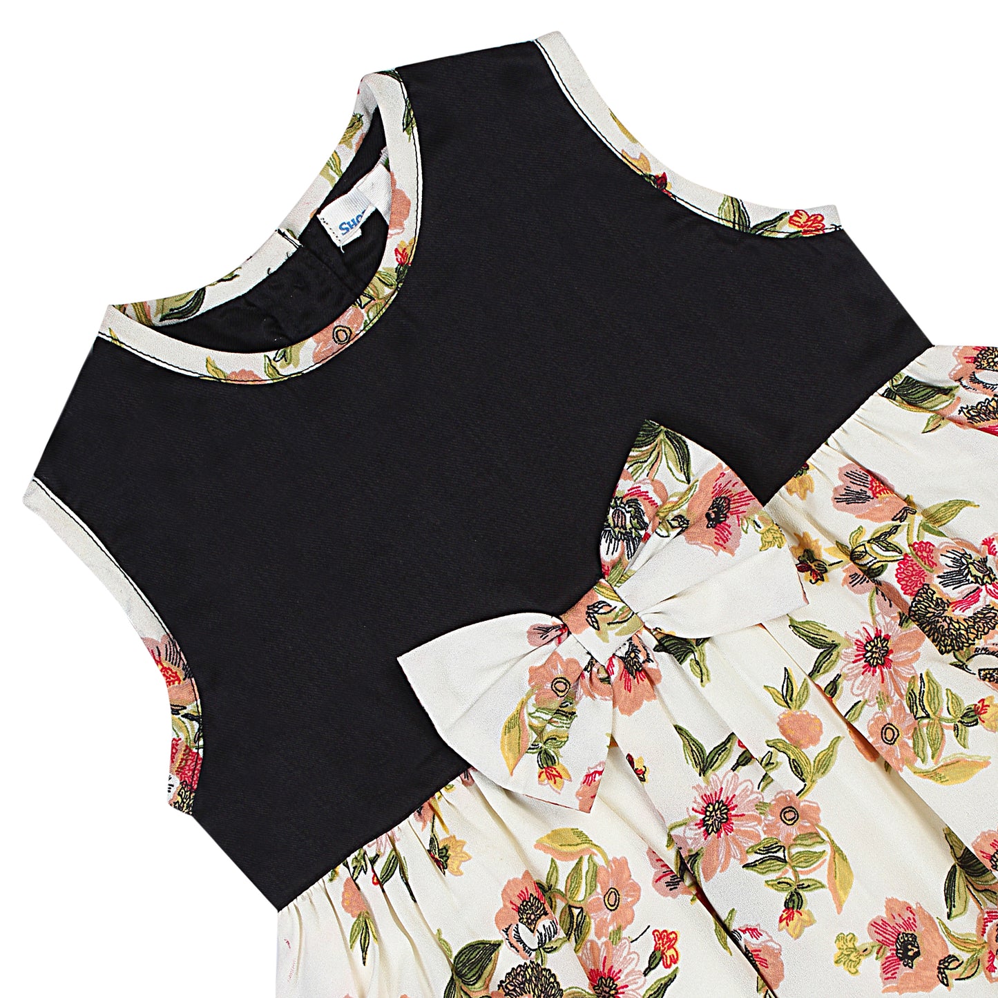 SHOPPERTREE Rayon & Polyester Floral Balloon Dress for Girls – Black & Cream