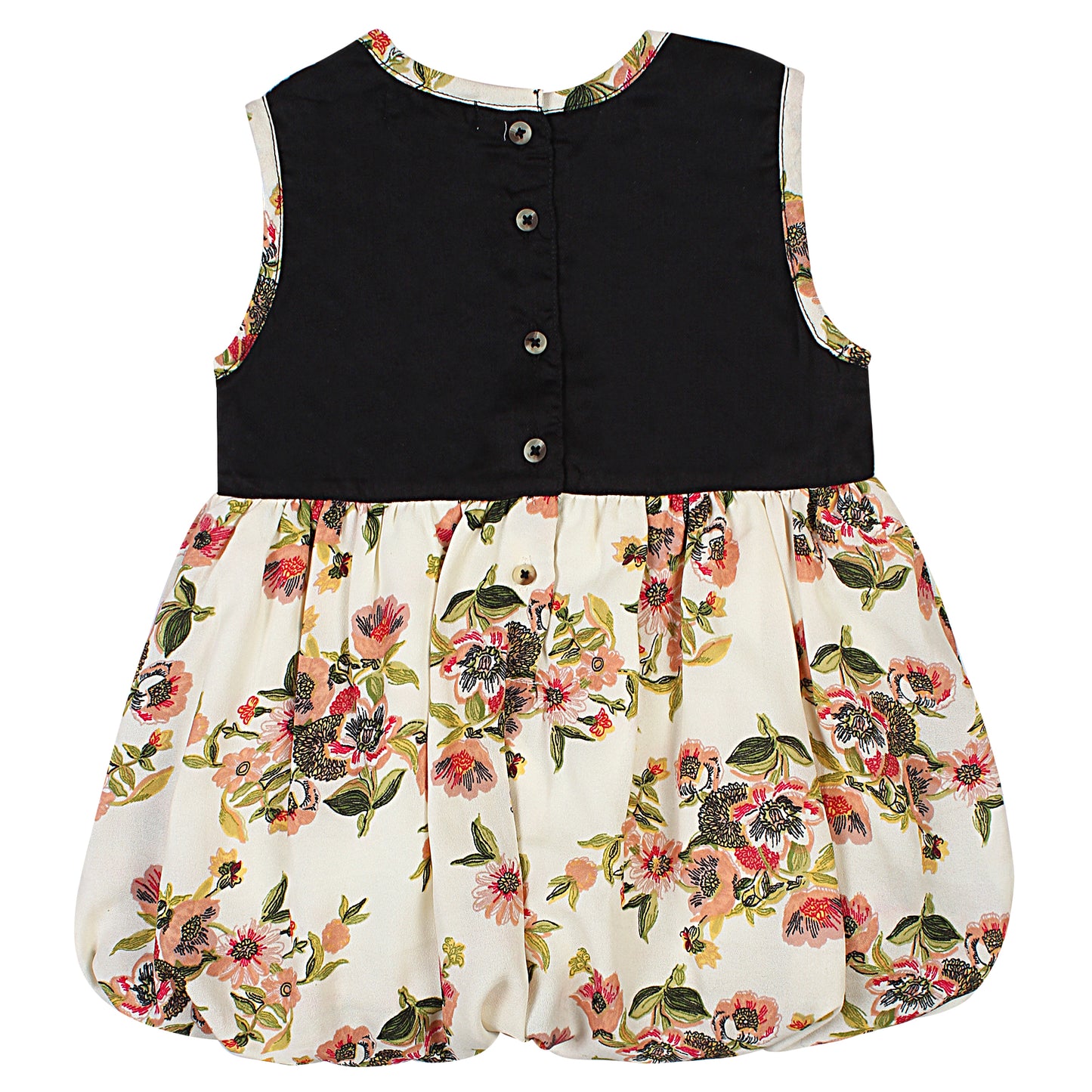 SHOPPERTREE Rayon & Polyester Floral Balloon Dress for Girls – Black & Cream