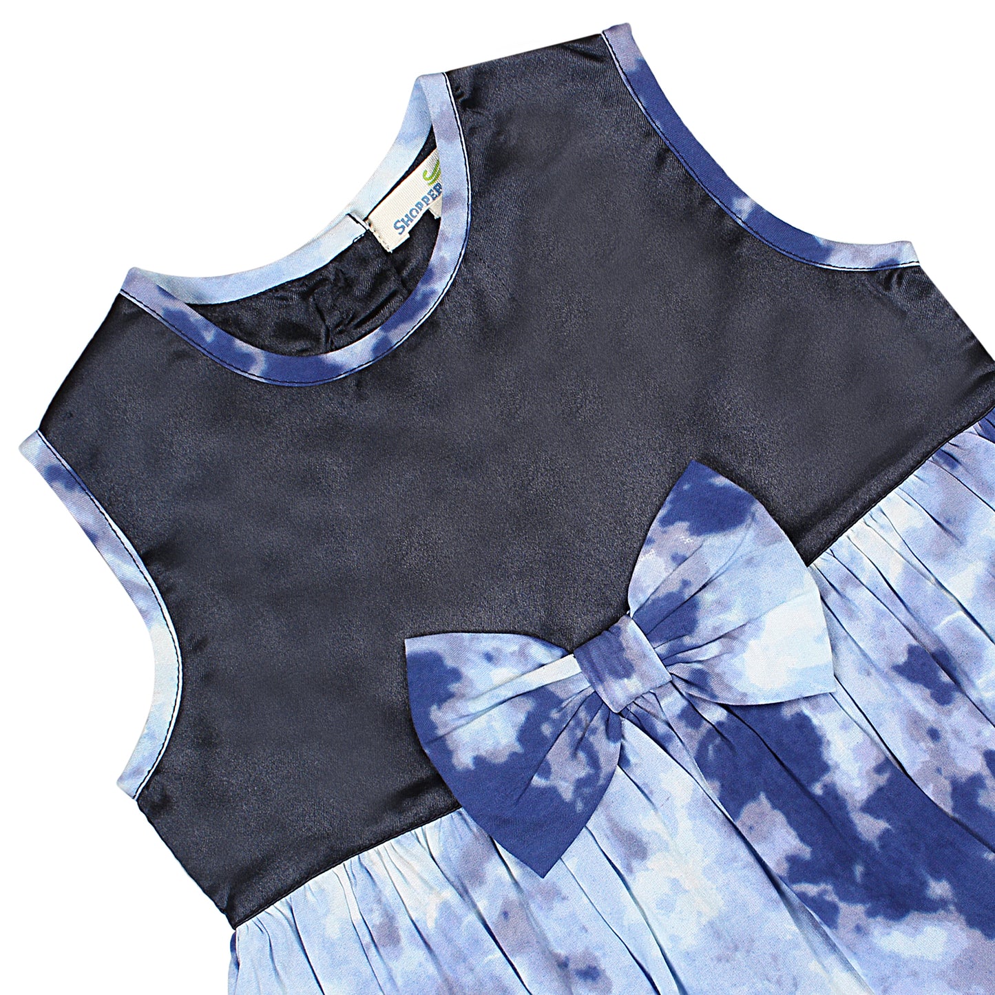 SHOPPERTREE Rayon & Satin Tie-Dye Balloon Dress for Girls – Navy Blue
