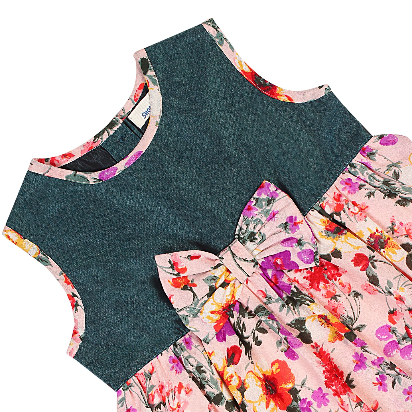 SHOPPERTREE Polyester & Georgette Floral Balloon Dress for Girls – Pink & Teal