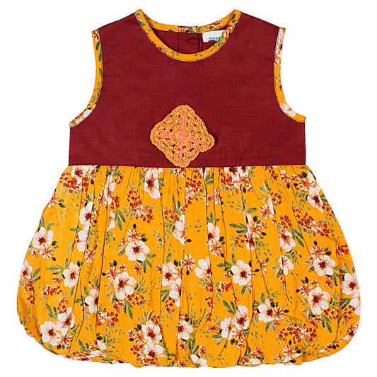 SHOPPERTREE Rayon & Polyester Balloon Dress – Mustard Yellow & Maroon