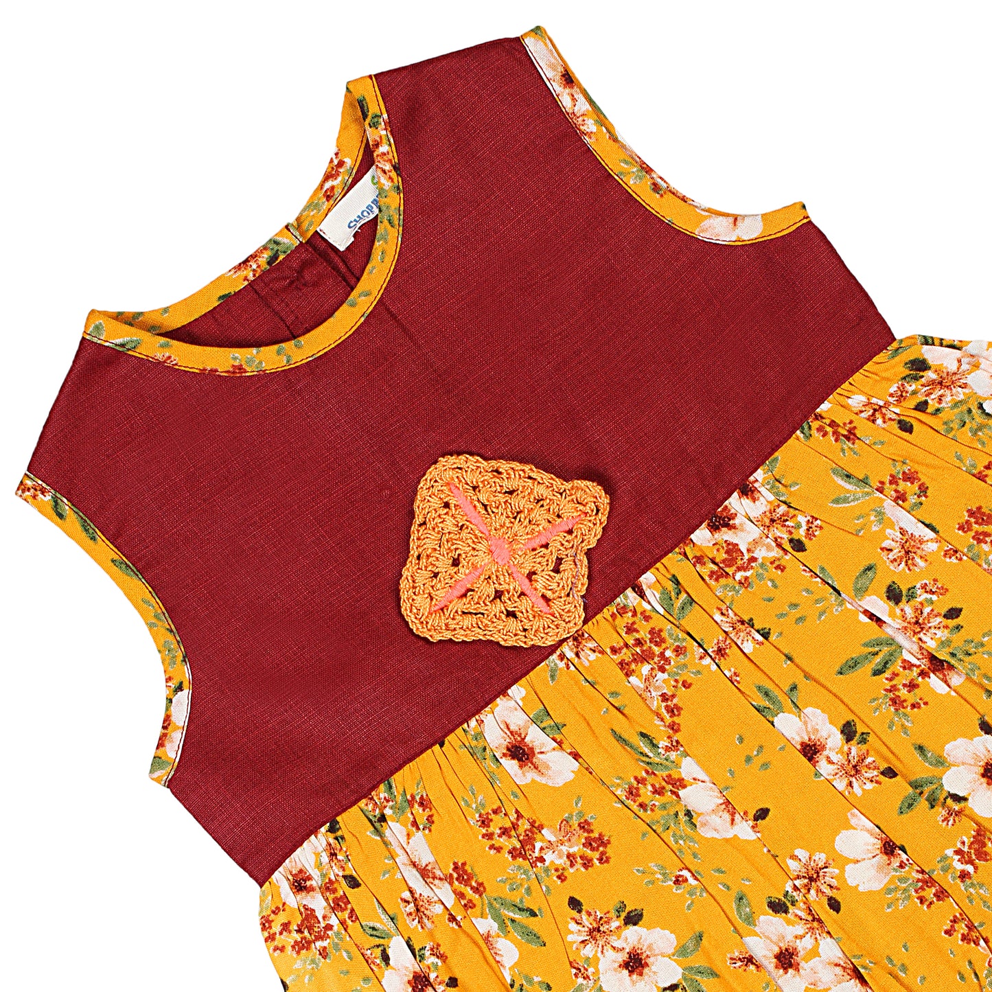 SHOPPERTREE Rayon & Polyester Balloon Dress – Mustard Yellow & Maroon