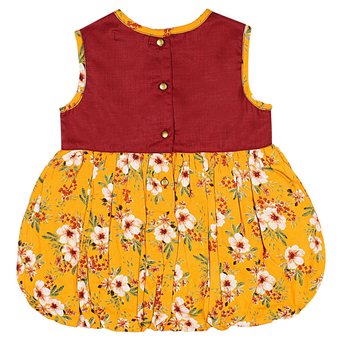 SHOPPERTREE Rayon & Polyester Balloon Dress – Mustard Yellow & Maroon