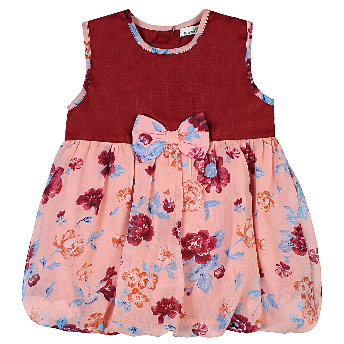 SHOPPERTREE Poly-Georgette Floral Balloon Dress for Girls – Maroon & Peach