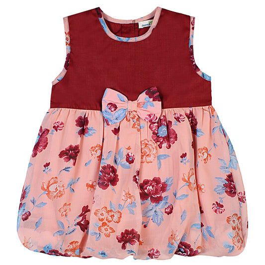SHOPPERTREE Poly-Georgette Floral Balloon Dress for Girls – Maroon & Peach