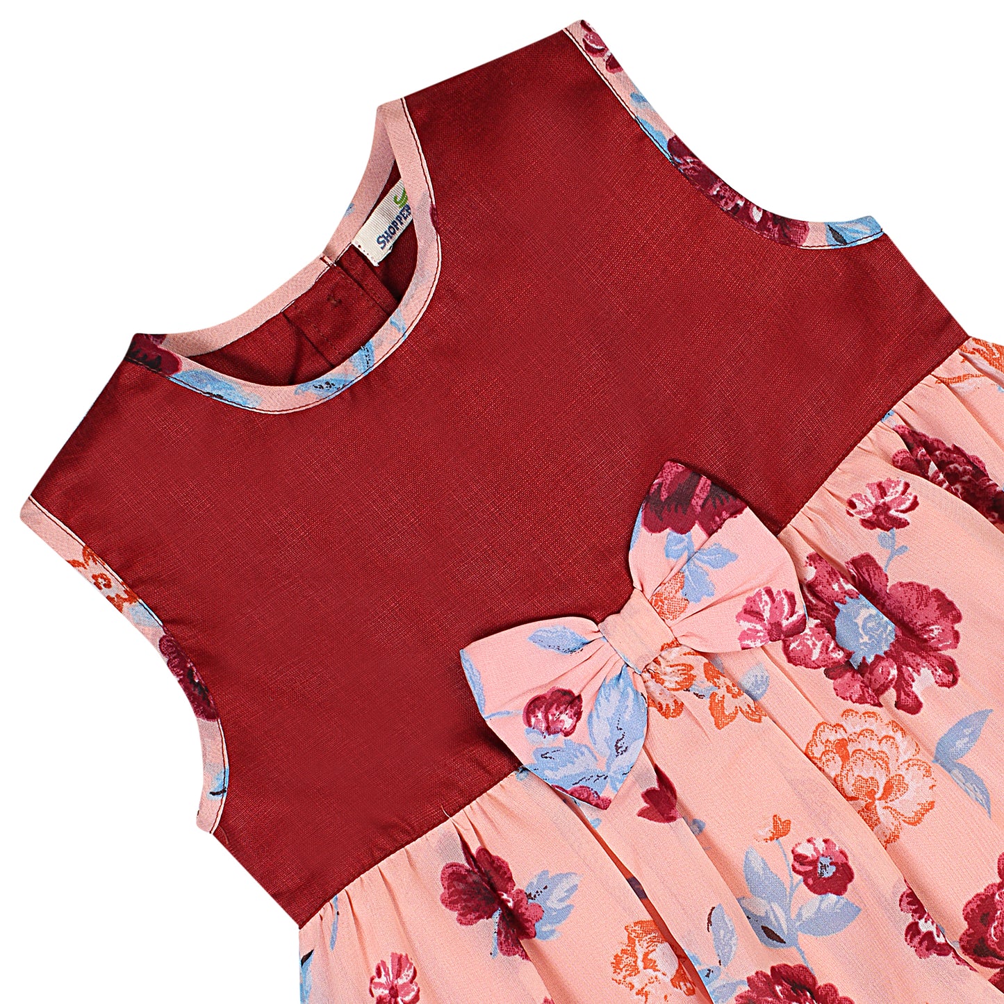 SHOPPERTREE Poly-Georgette Floral Balloon Dress for Girls – Maroon & Peach