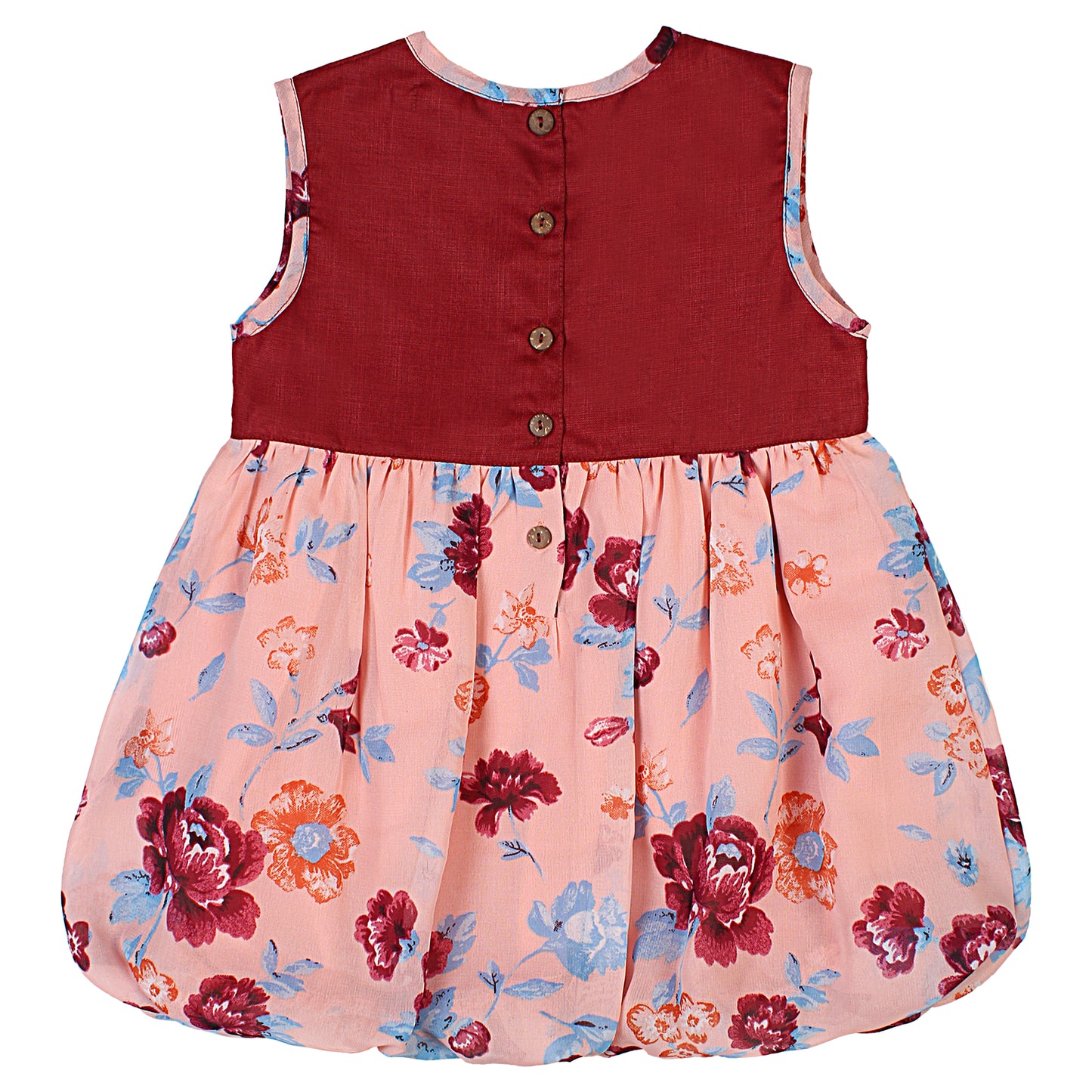 SHOPPERTREE Poly-Georgette Floral Balloon Dress for Girls – Maroon & Peach