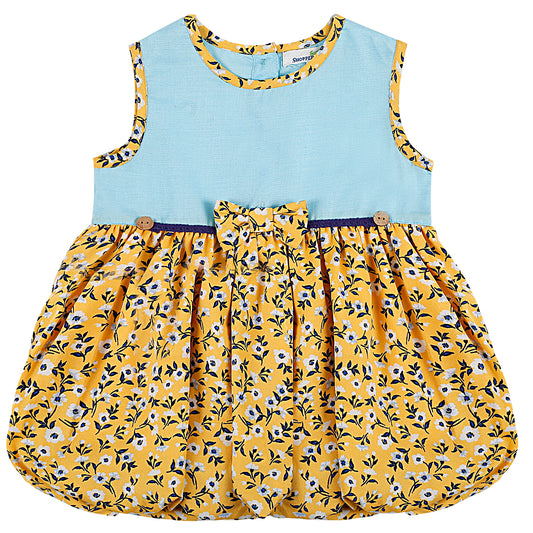 SHOPPERTREE Polyester Floral Balloon Dress for Girls – Yellow & Sky Blue