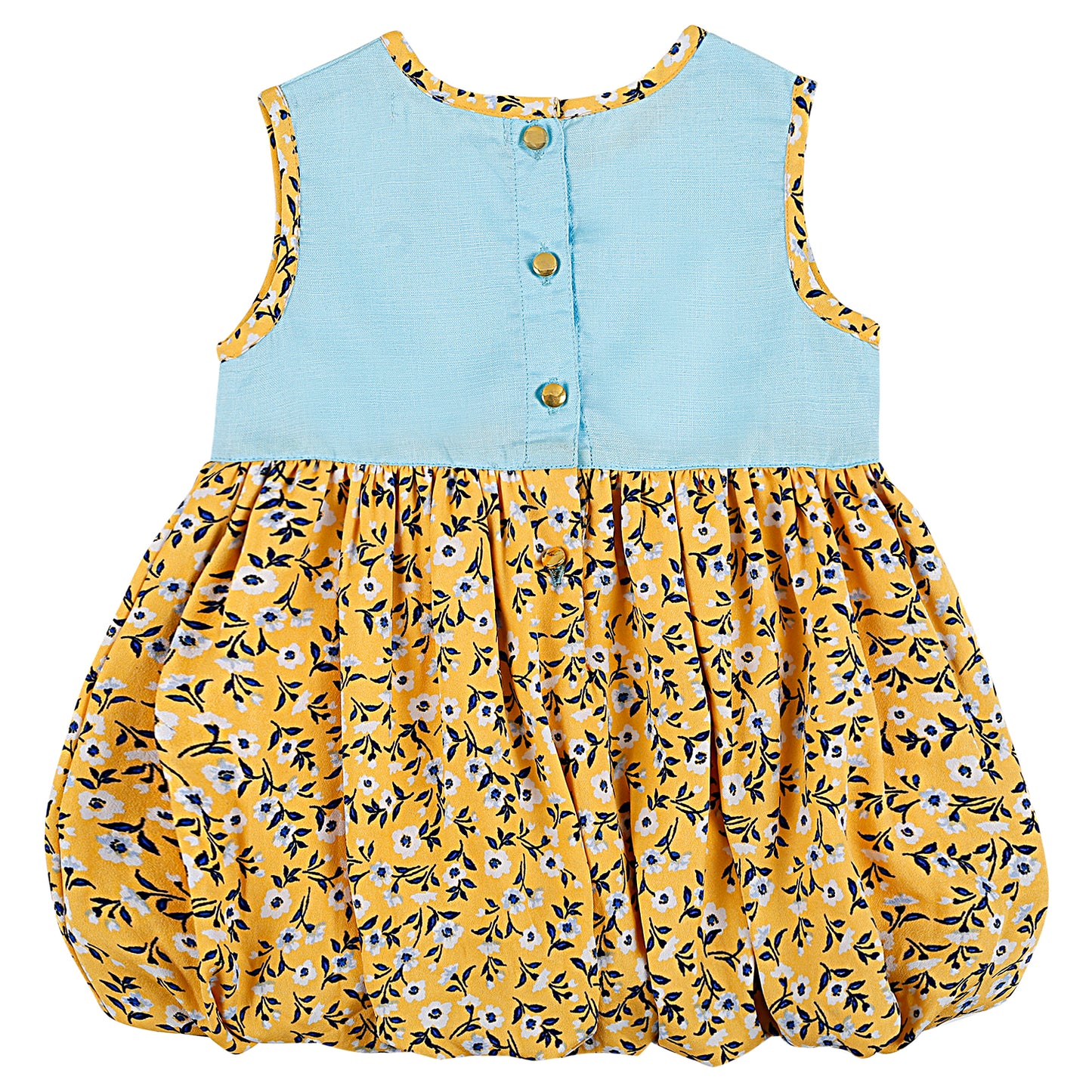 SHOPPERTREE Polyester Floral Balloon Dress for Girls – Yellow & Sky Blue