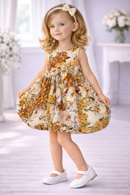 SHOPPERTREE Golden Blossom Satin Fit & Flare Dress for Girls