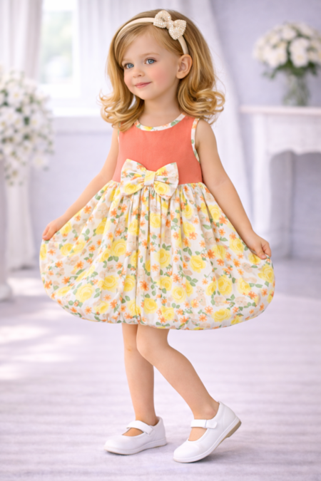 SHOPPERTREE Sunny Bloom Cotton Balloon Dress for Girls