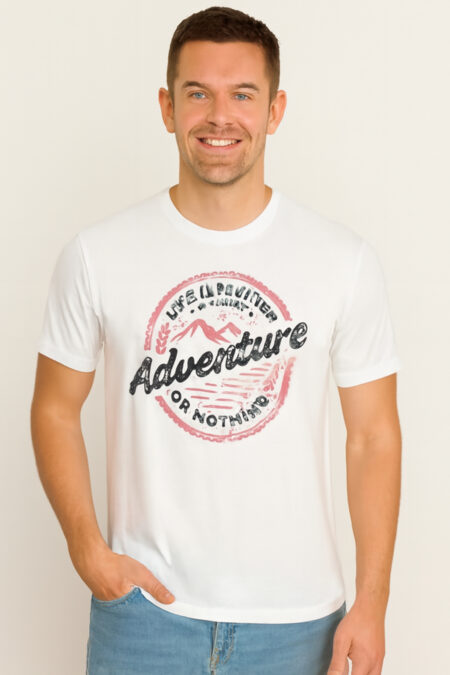 Men?s White Adventure Printed Cotton Hosiery T-Shirt
