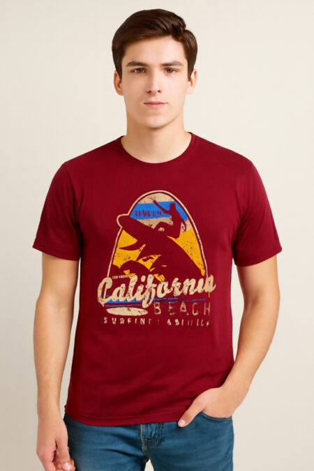 Men?s Maroon California Beach Printed Cotton Hosiery T-Shirt