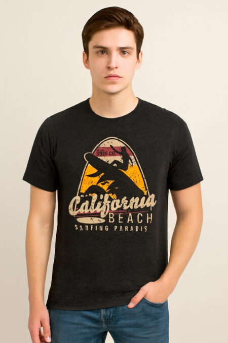 Men?s Charcoal Grey California Beach Printed Cotton Hosiery T-Shirt