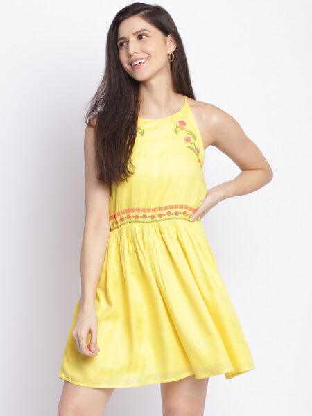 SHOPPERTREE Yellow Embroidered Rayon Fit & Flare Mini Dress for Women