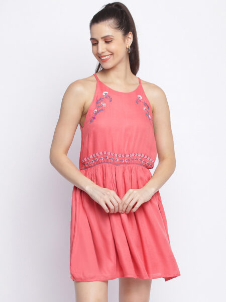 SHOPPERTREE Fuschia Embroidered Rayon Fit & Flare Mini Dress for Women