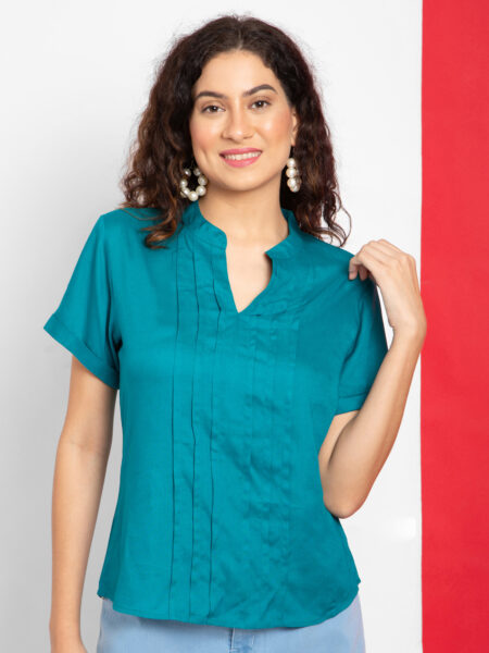 SHOPPERTREE Women?s Teal Rayon Casual Top with Mandarin Collar